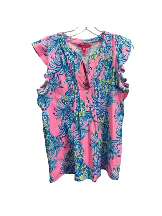 Lilly Pulitzer Golda Pelican Pink Beat The Heat Ruffle Sleeves Top Sz S NWT - Picture 2 of 5